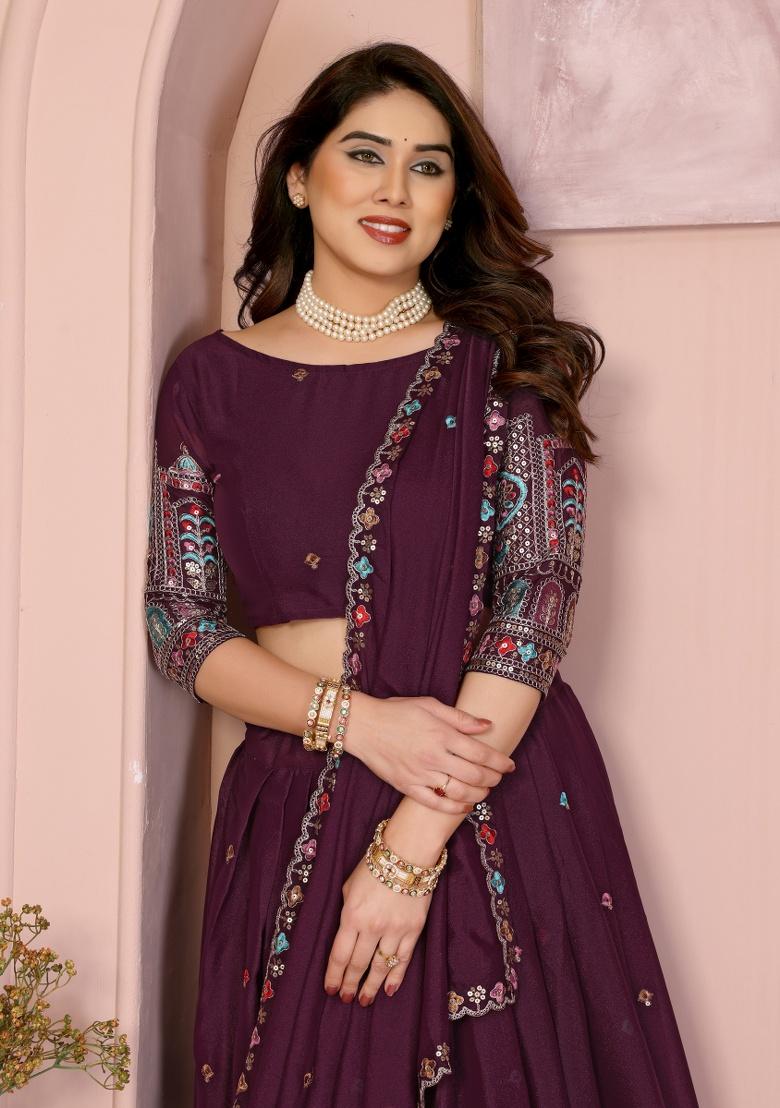 Wine Embroidery Georgette Lehenga Set - Indya