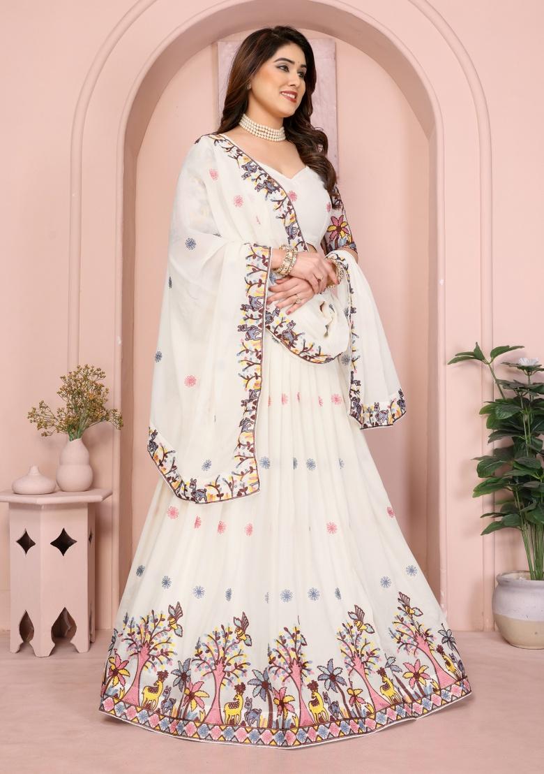 White Embroidery Georgette Lehenga Set - Indya