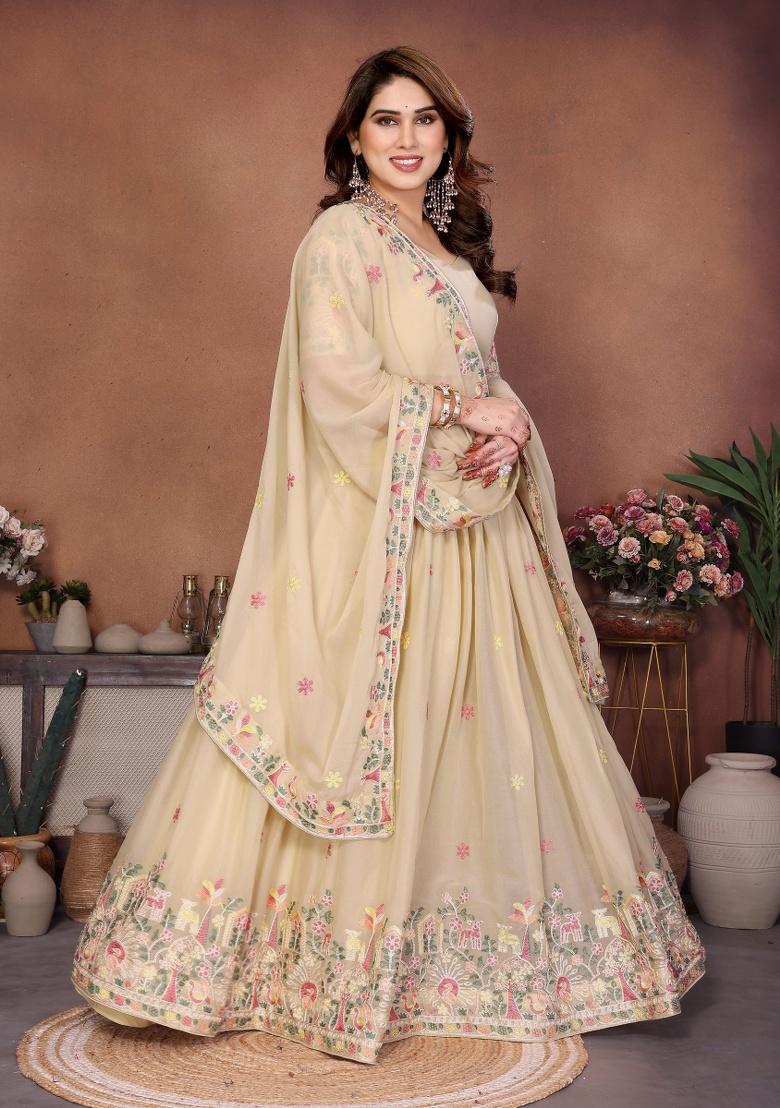 Beige Embroidery Georgette Lehenga Set - Indya