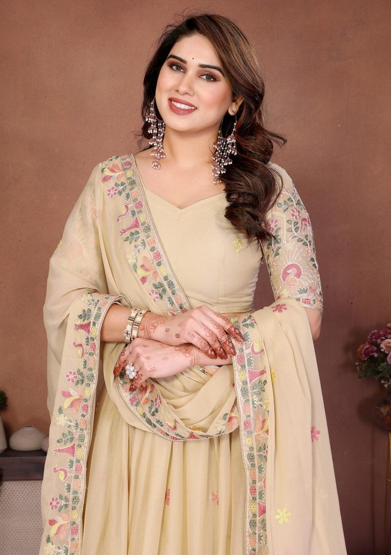 Beige Embroidery Georgette Lehenga Set - Indya