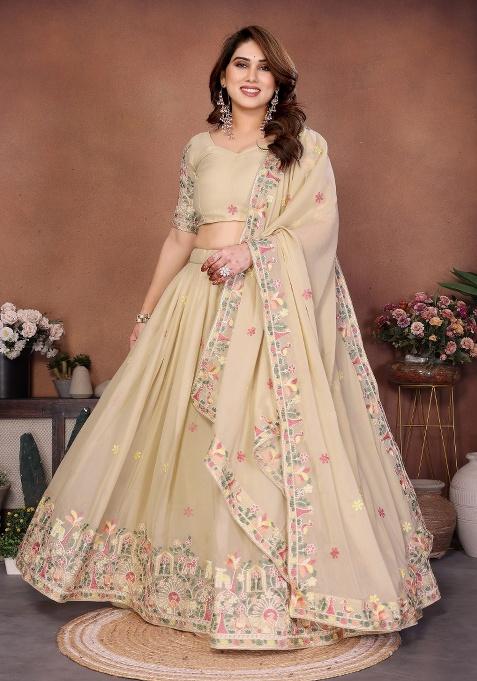 Beige Embroidery Georgette Lehenga Set