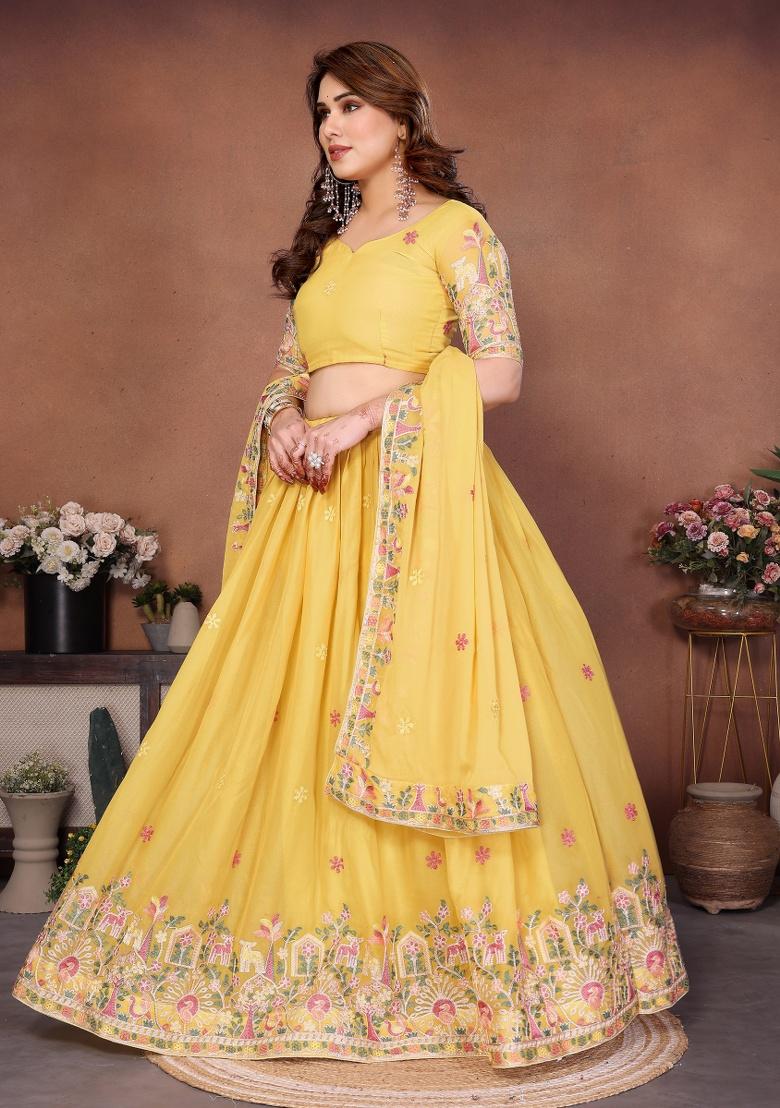 Yellow Embroidery Georgette Lehenga Set - Indya