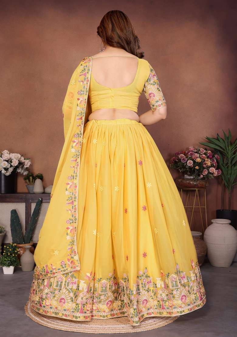 Yellow Embroidery Georgette Lehenga Set for Diwali and Festive Wear - Indya