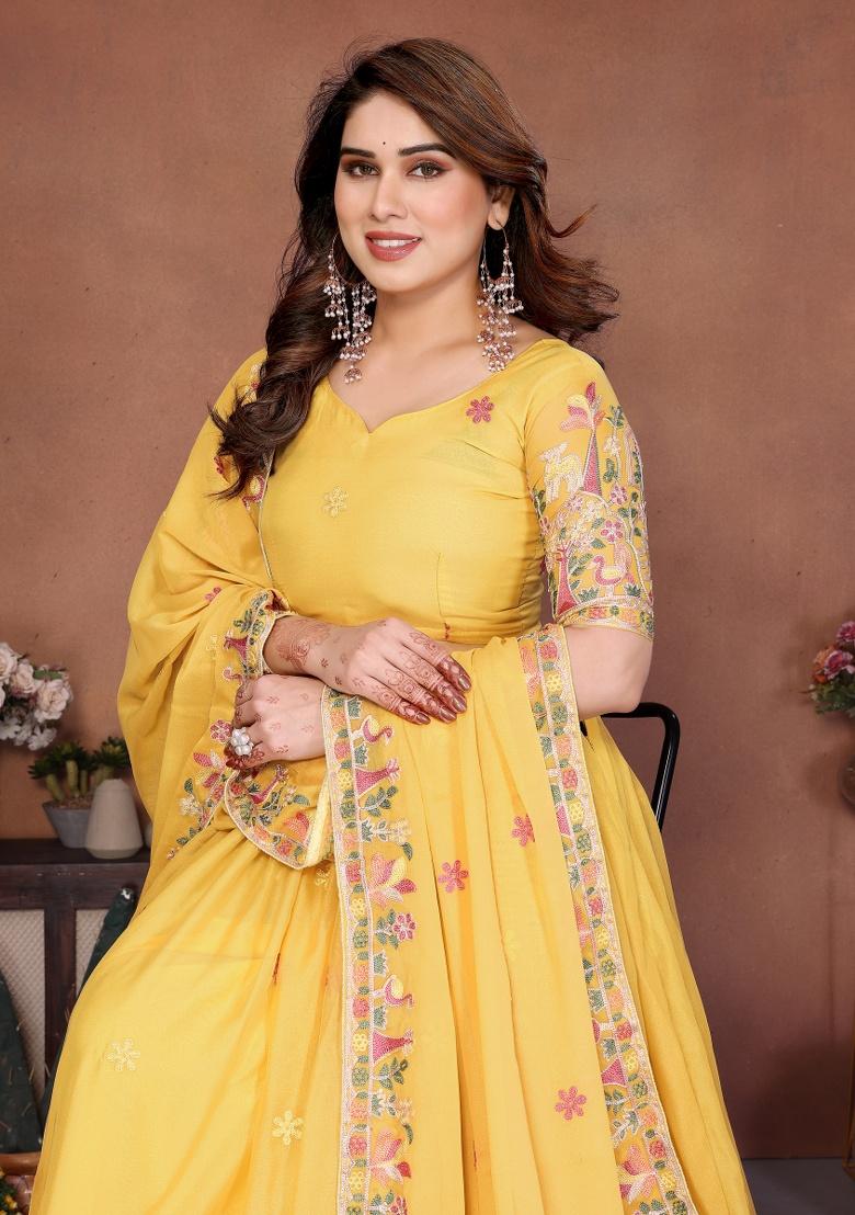 Yellow Embroidery Georgette Lehenga Set - Indya