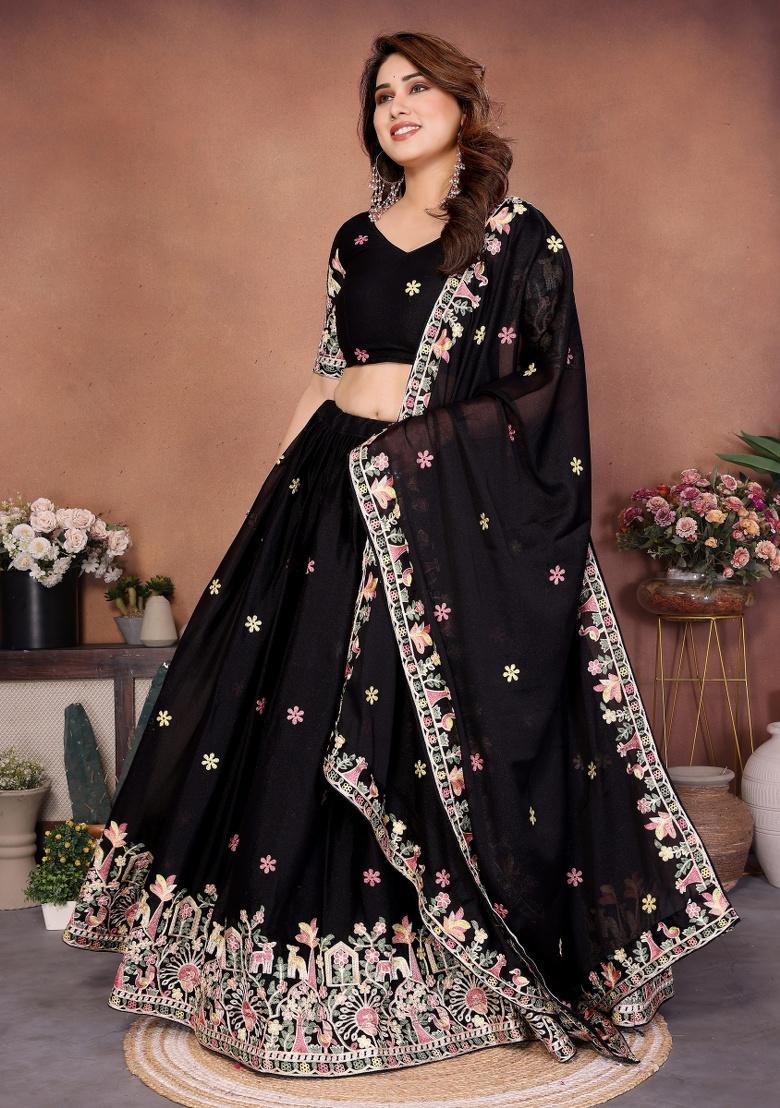 Black Embroidery Georgette Lehenga Set - Indya