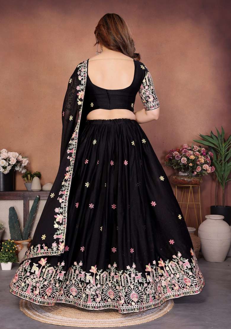 Black Georgette Lehenga Set with Embroidery for Diwali | Wedding & Festive Wear - Indya