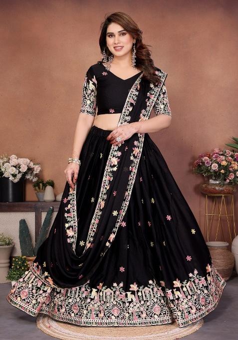 Black Embroidery Georgette Lehenga Set