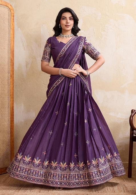 Purple Embroidery Georgette Lehenga Set