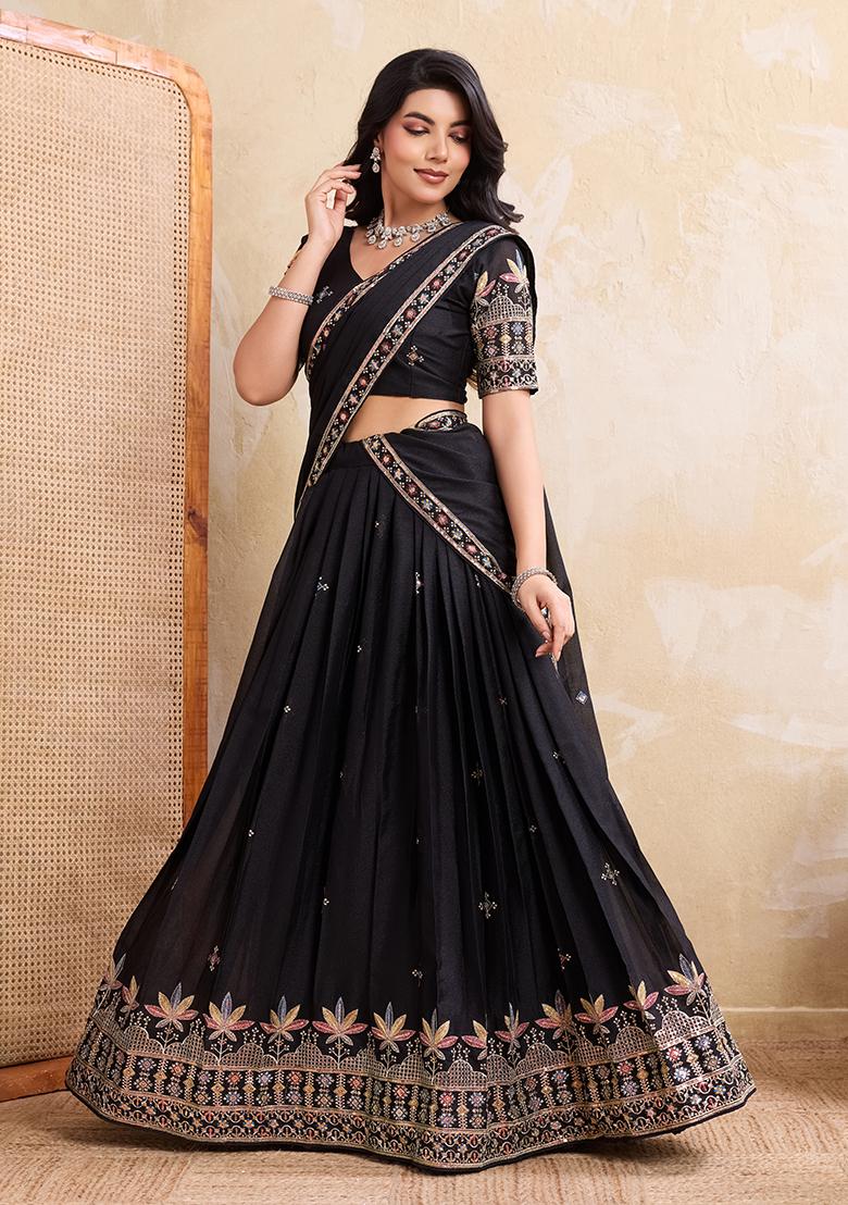 Black Embroidery Georgette Lehenga Set - Indya