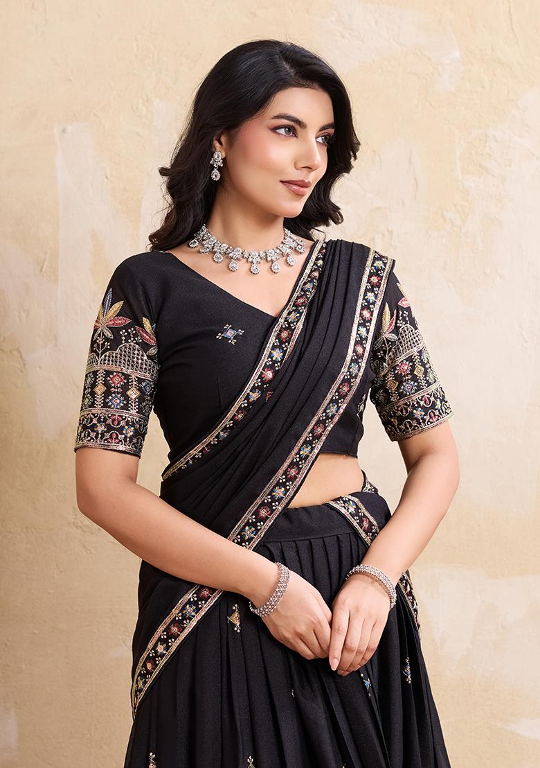 Black Embroidery Georgette Lehenga Set - Indya