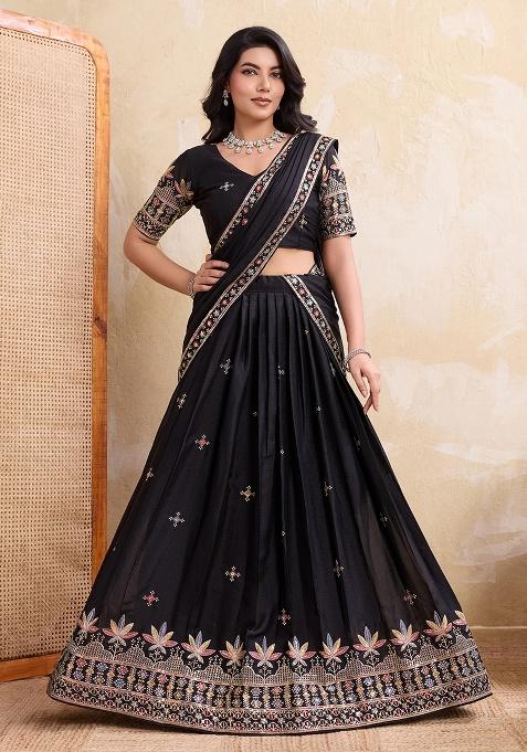 Black Embroidery Georgette Lehenga Set