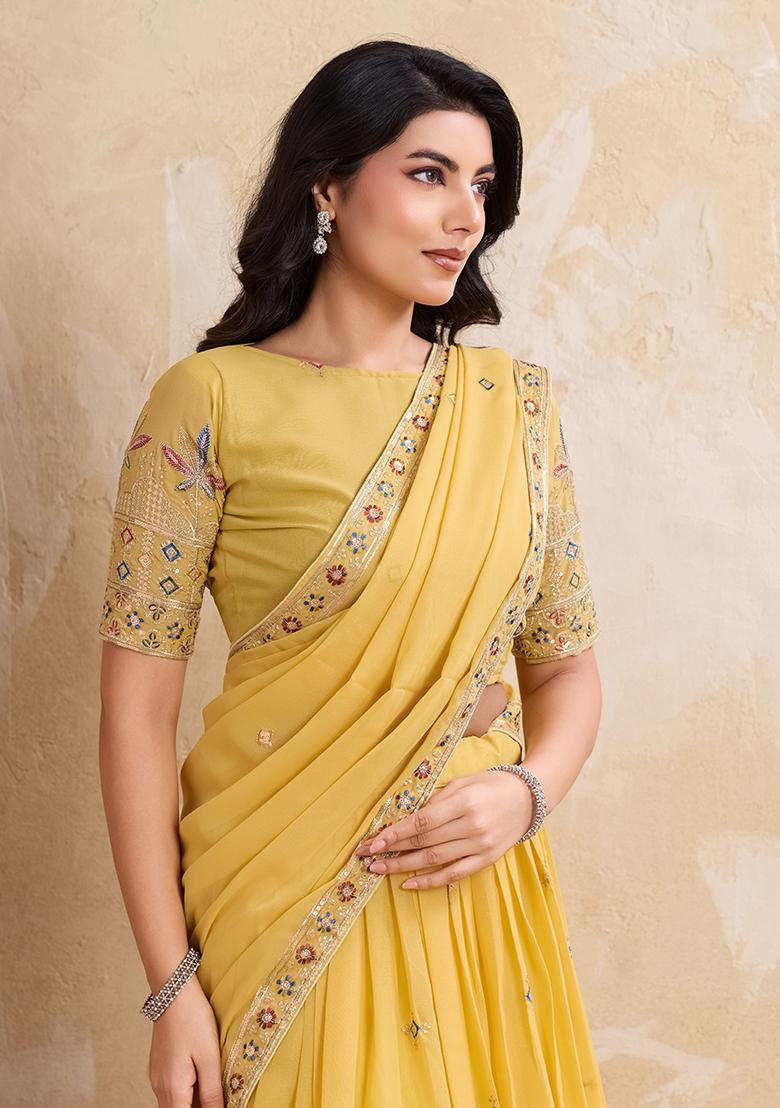 Yellow Embroidery Georgette Lehenga Set - Indya