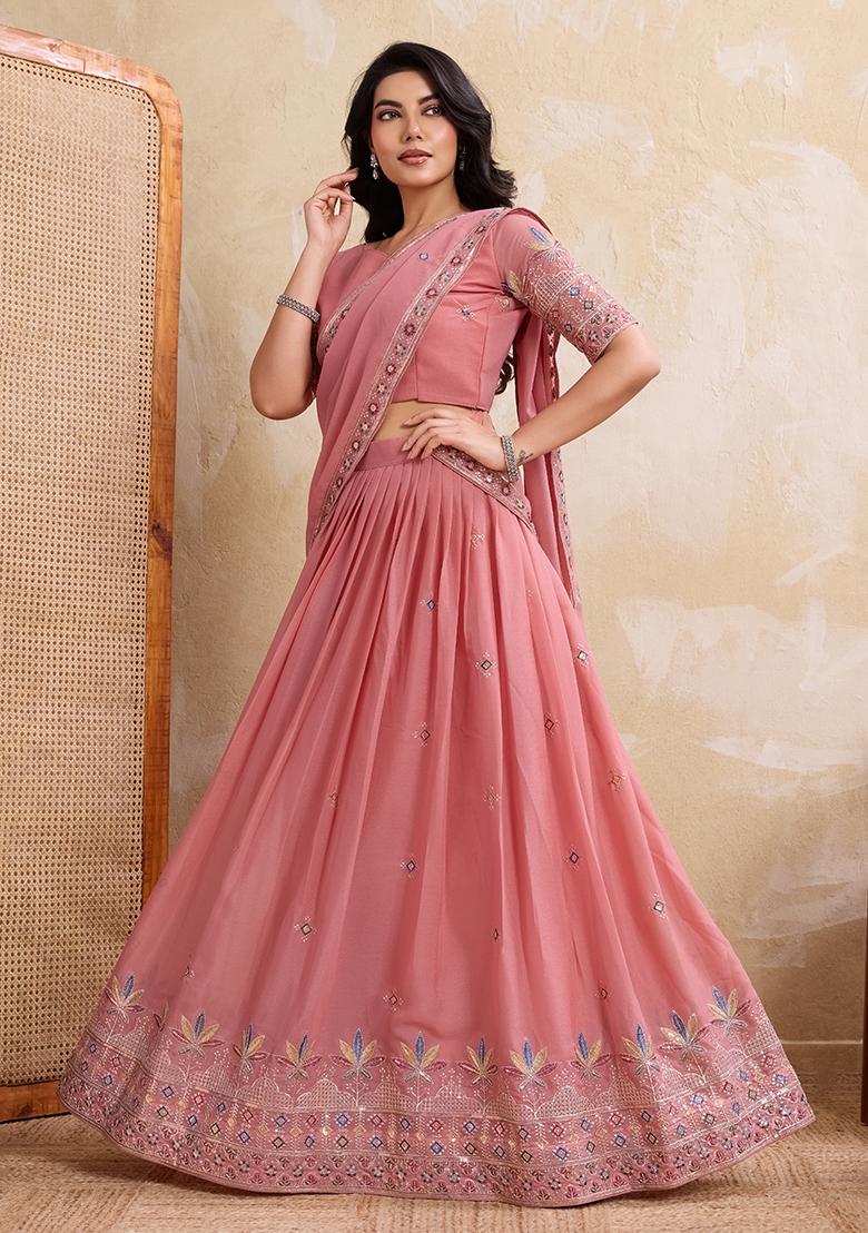 Peach Embroidery Georgette Lehenga Set - Indya
