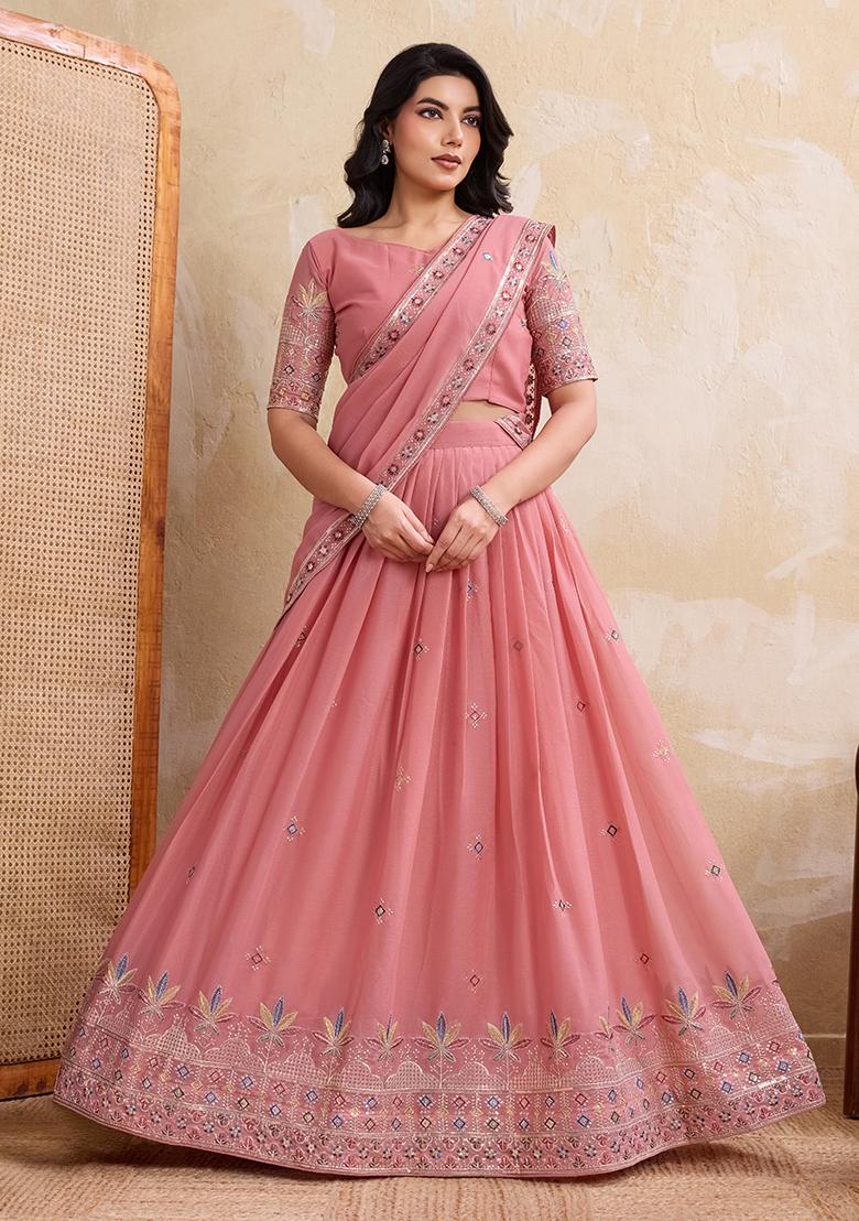 Peach Embroidery Georgette Lehenga Set - Indya
