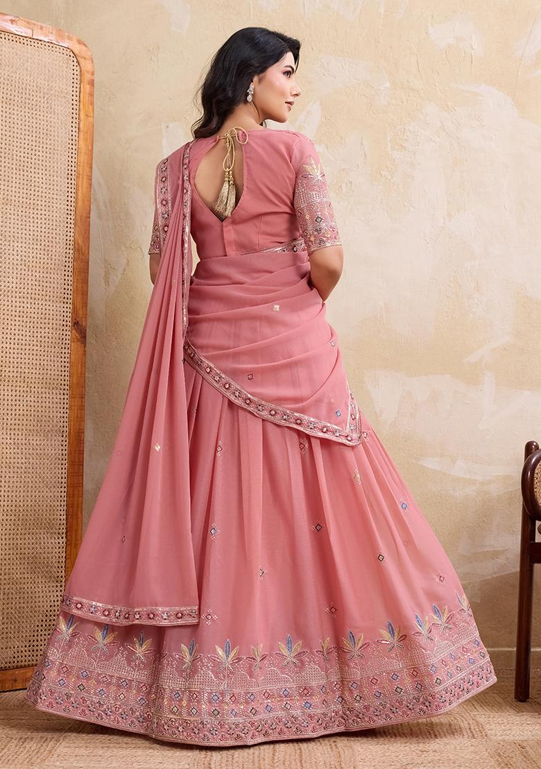 Peach Embroidery Georgette Lehenga Set - Indya