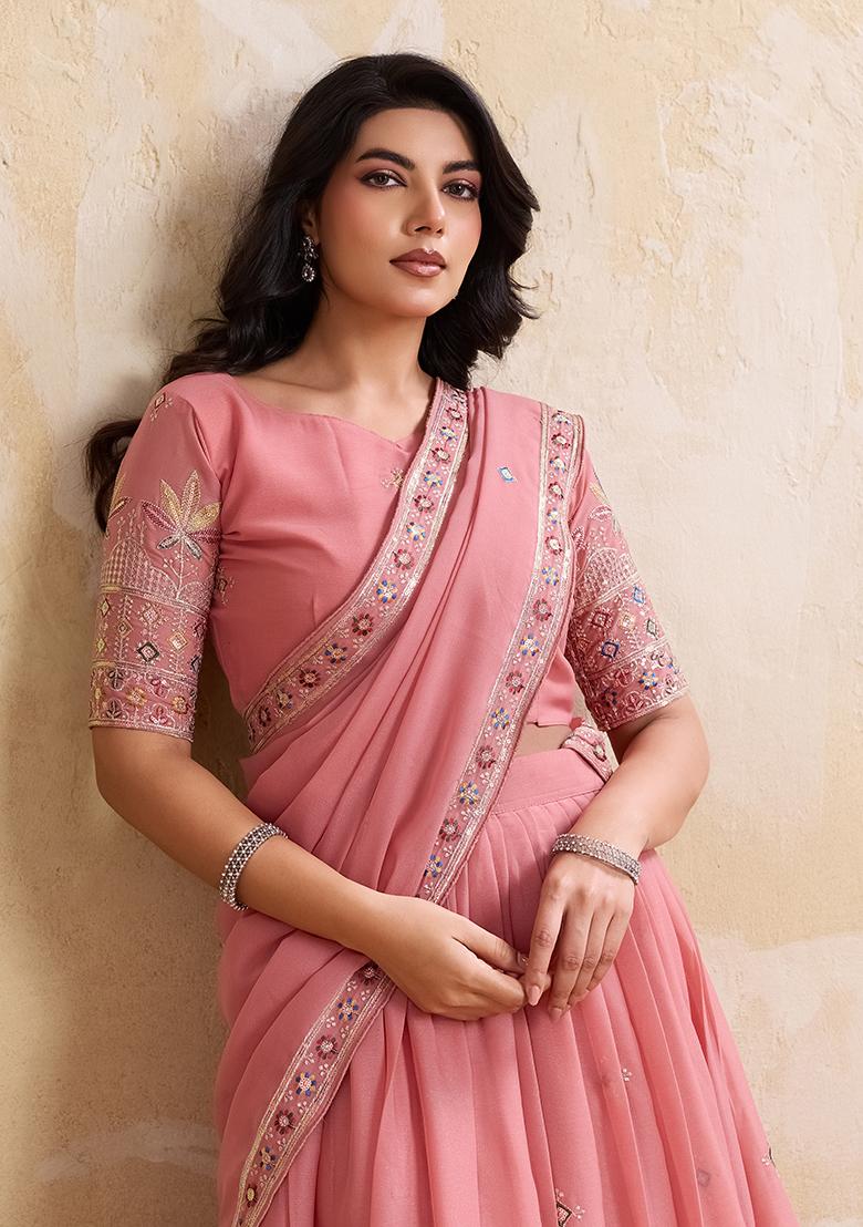 Peach Embroidery Georgette Lehenga Set - Indya