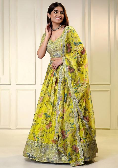Yellow Embroidery Organza Lehenga Set