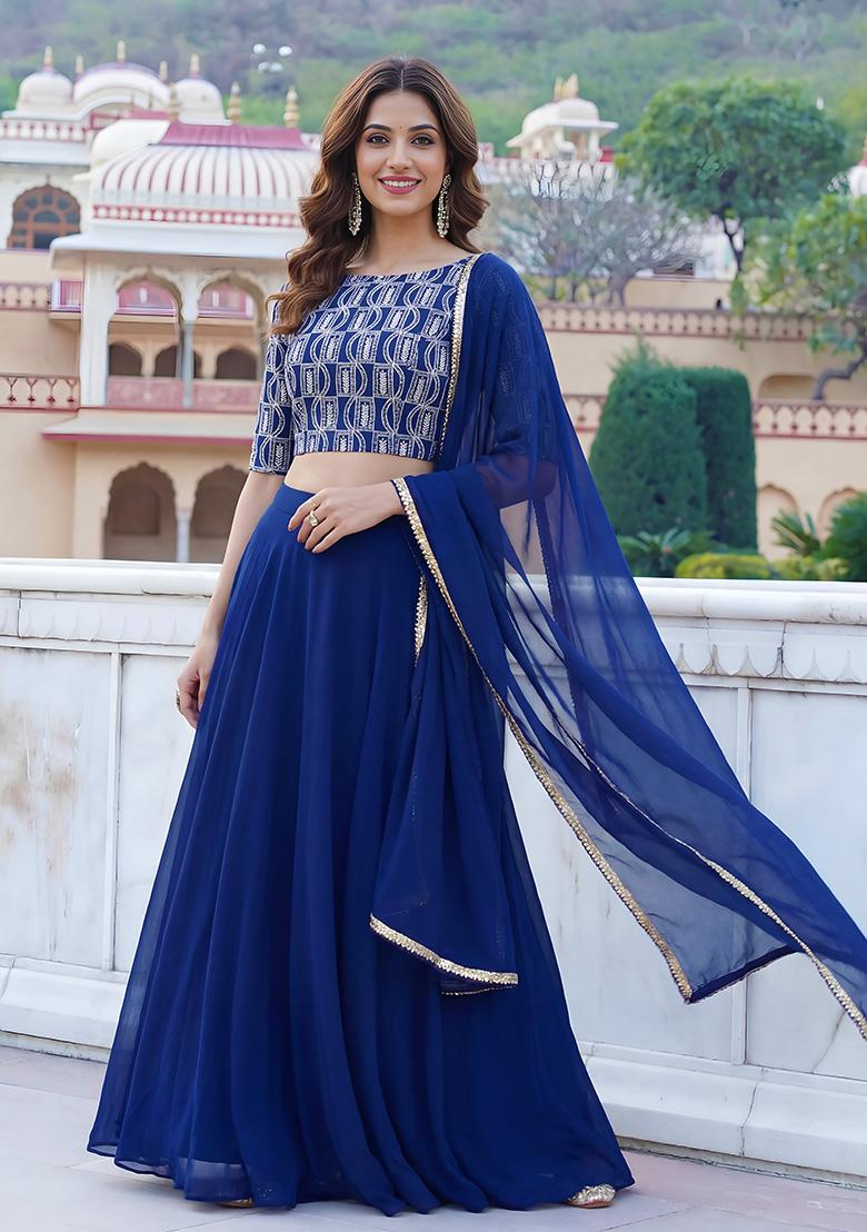 Blue Embroidery Georgette Lehenga Set - Indya