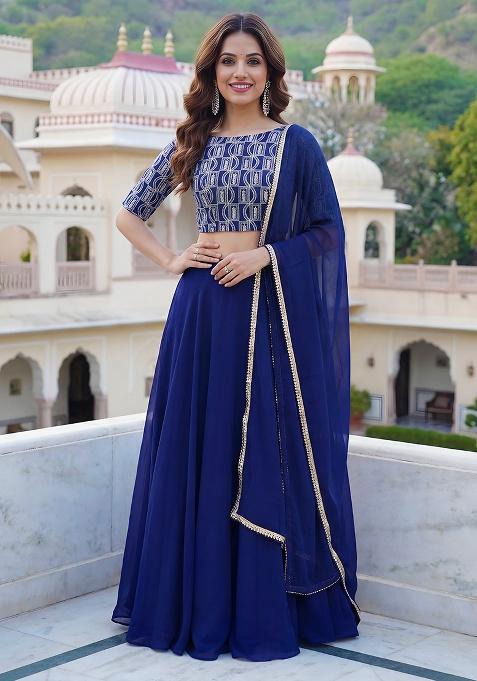 Blue Embroidery Georgette Lehenga Set