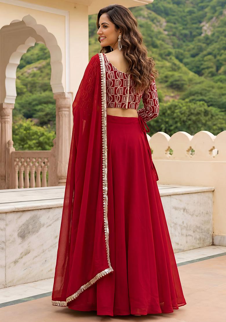 Red Embroidery Georgette Lehenga Set - Indya