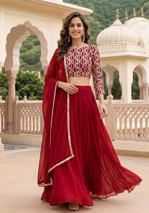 Red Embroidery Georgette Lehenga Set
