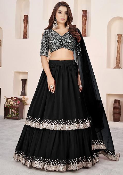 Black Embroidery Georgette Lehenga Set