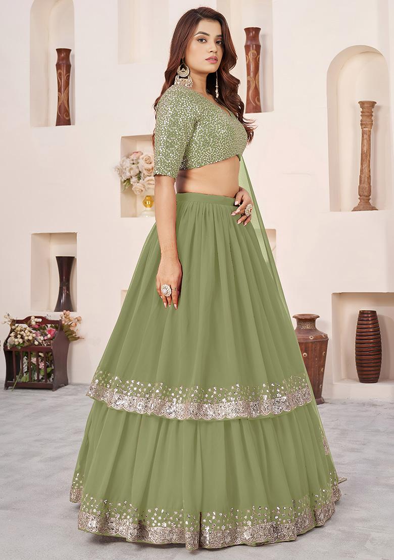 Olive Embroidery Georgette Lehenga Set - Indya