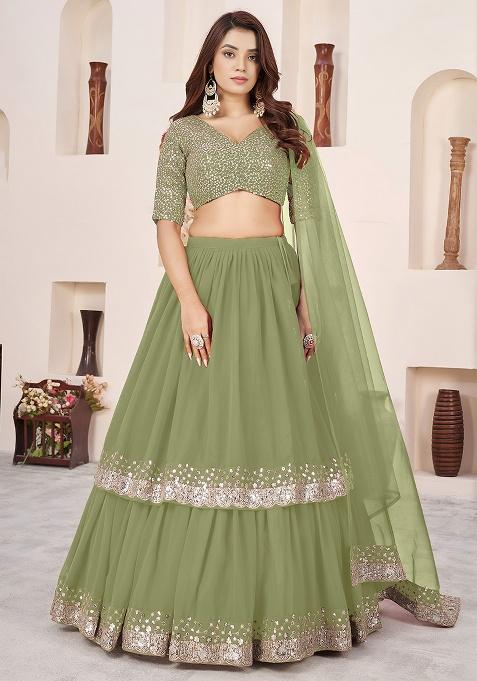 Olive Embroidery Georgette Lehenga Set