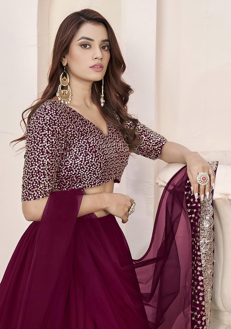 Purple Embroidery Georgette Lehenga Set - Indya