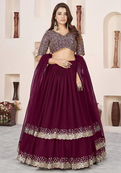 Purple Embroidery Georgette Lehenga Set