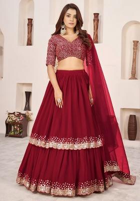 Red Embroidery Georgette Lehenga Set