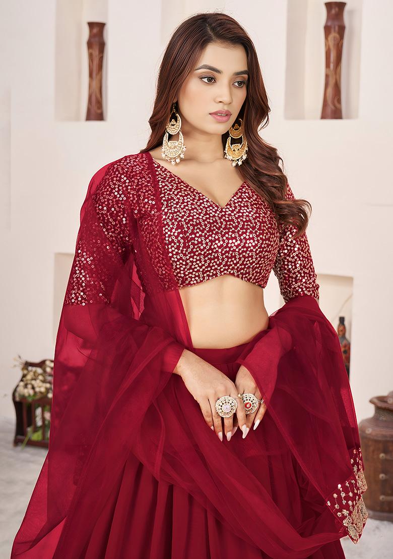 Red Embroidery Georgette Lehenga Set - Indya