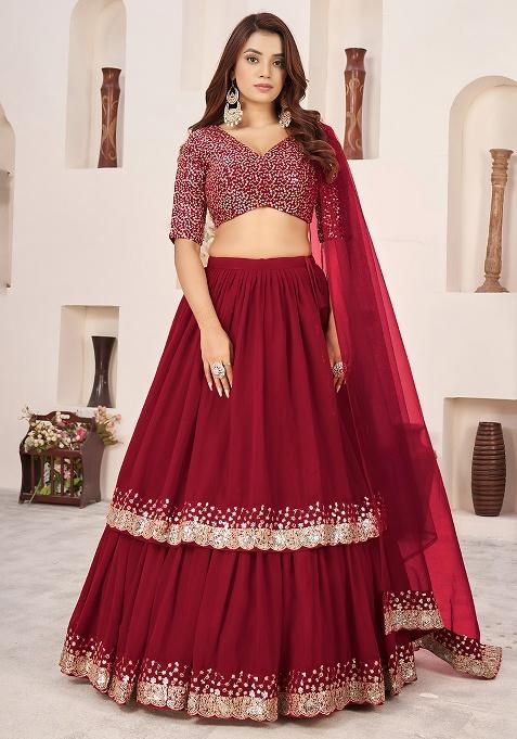 Red Embroidery Georgette Lehenga Set