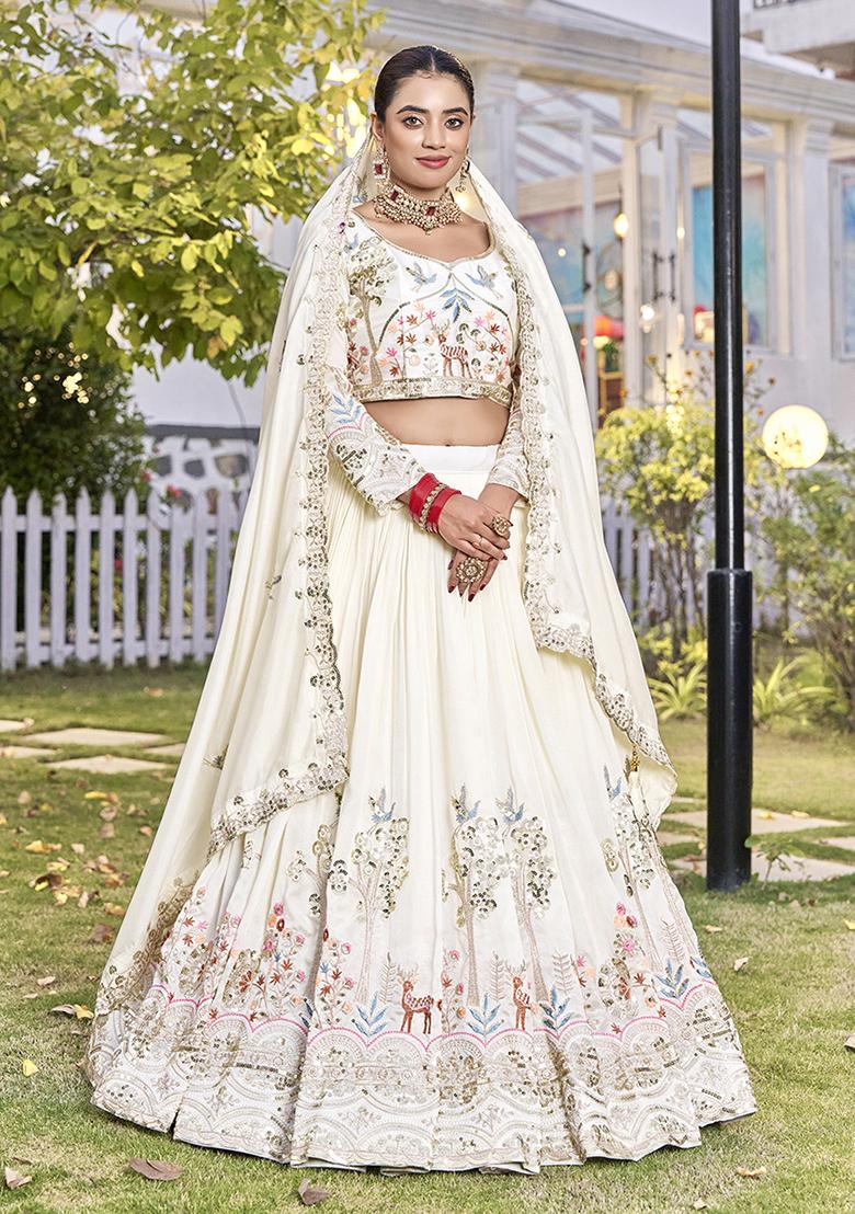 Off White Embroidery Vichitra Lehenga Set - Indya