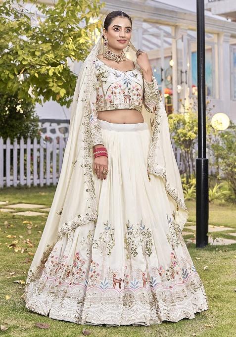 Off White Embroidery Vichitra Lehenga Set