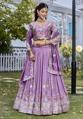Lavender Embroidery Vichitra Lehenga Set