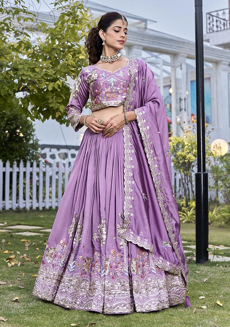Lavender Embroidery Vichitra Lehenga Set - Indya