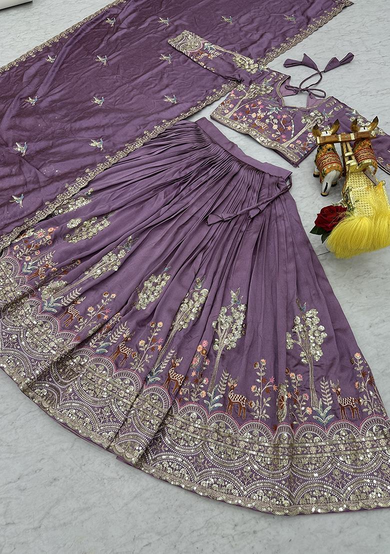 Lavender Embroidery Vichitra Lehenga Set - Indya