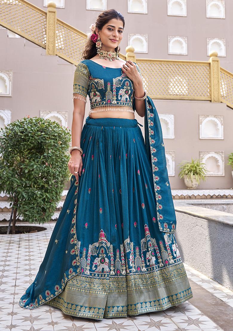 Teal Embroidery Vichitra Lehenga Set - Indya