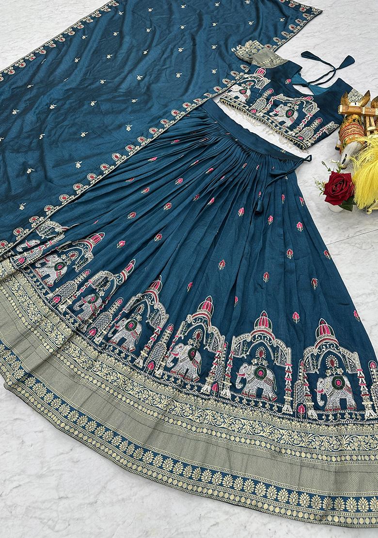 Teal Embroidery Vichitra Lehenga Set - Indya