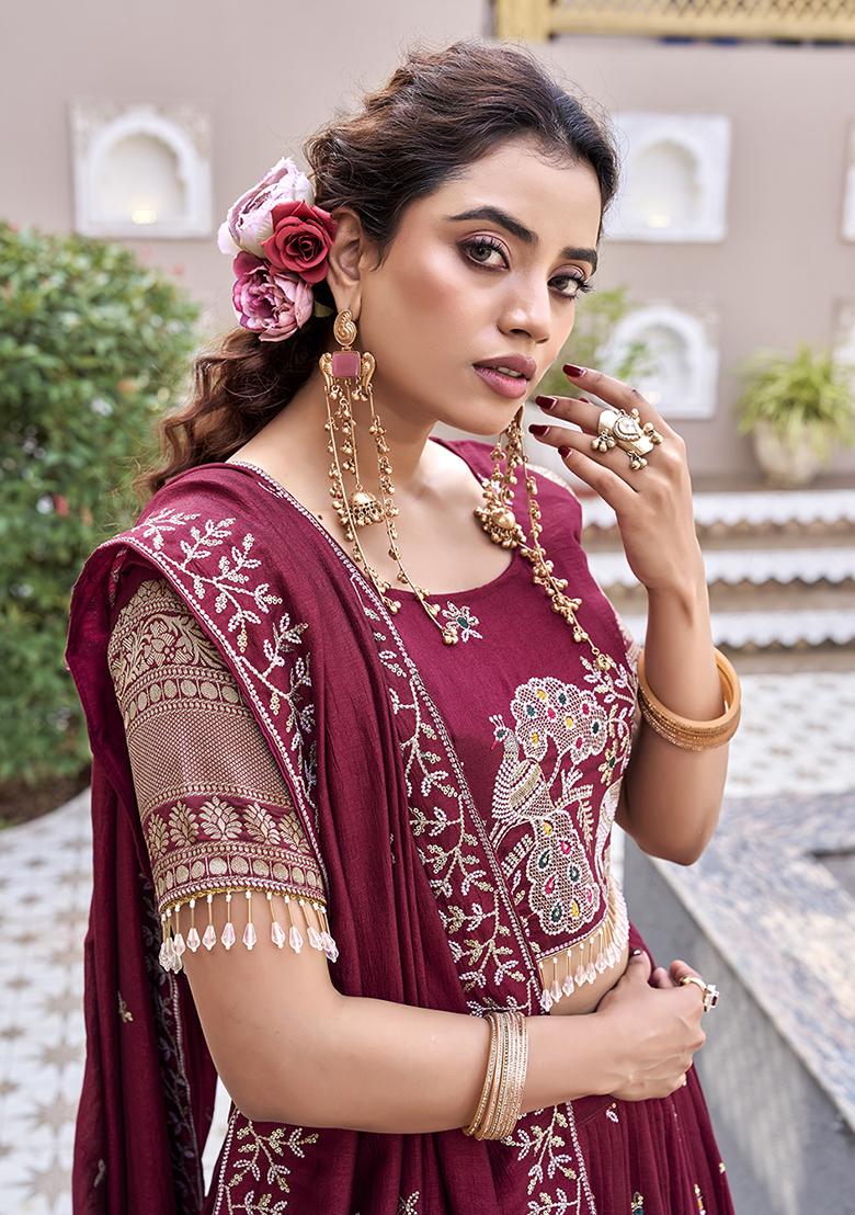Maroon Embroidery Vichitra Lehenga Set - Indya
