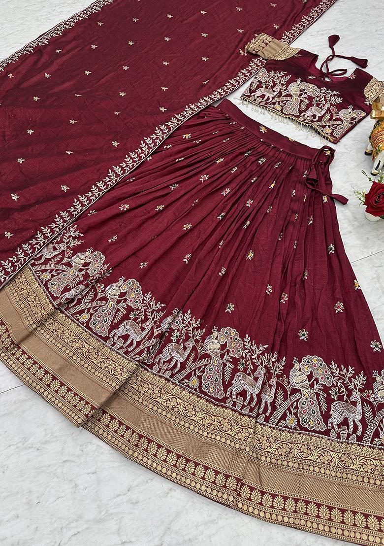 Maroon Embroidery Vichitra Lehenga Set - Indya