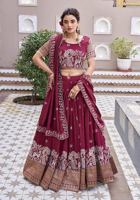 Maroon Embroidery Vichitra Lehenga Set