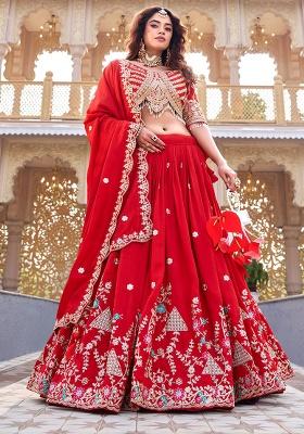 Red Embroidery Vichitra Lehenga Set