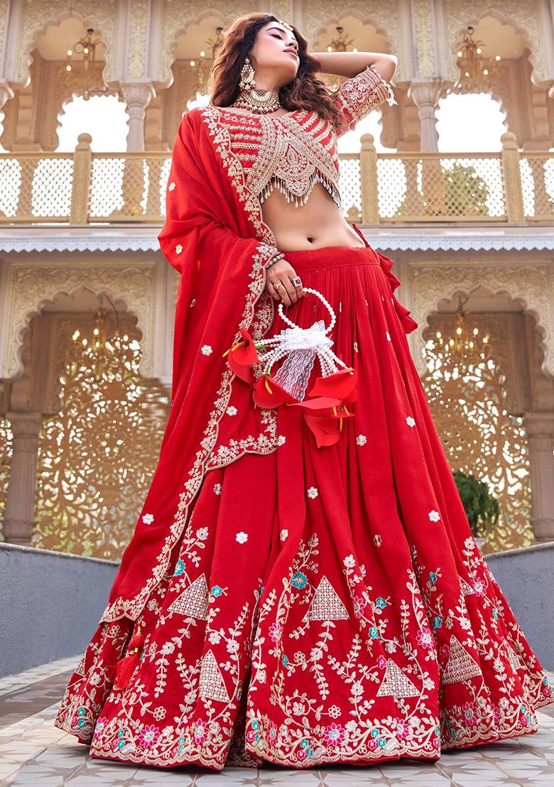 Red Embroidery Vichitra Lehenga Set - Indya