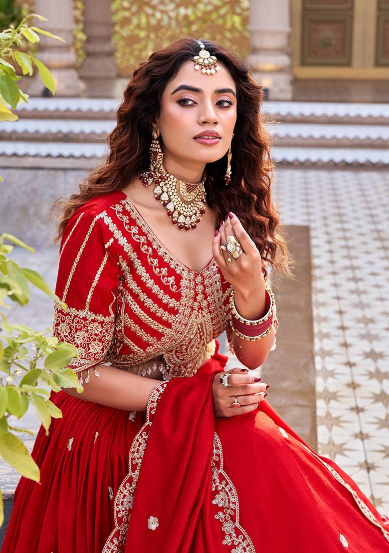 Red Embroidery Vichitra Lehenga Set - Indya