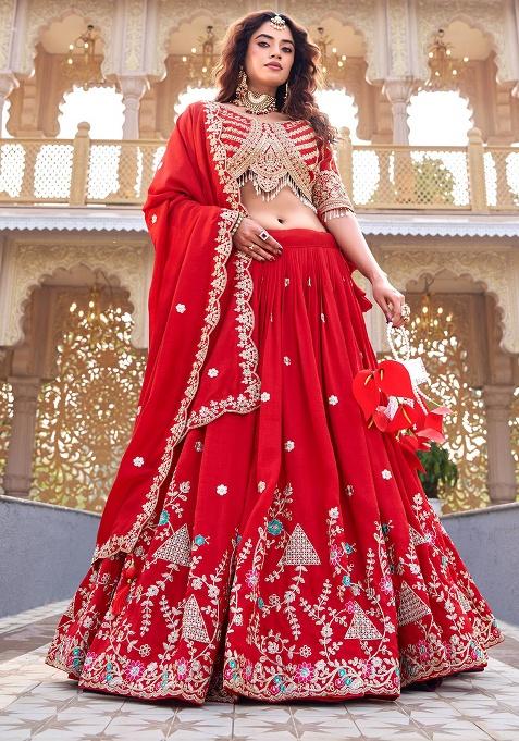 Red Embroidery Vichitra Lehenga Set