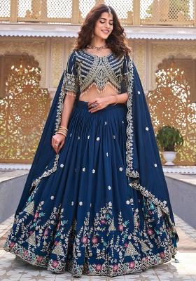 Blue Embroidery Vichitra Lehenga Set