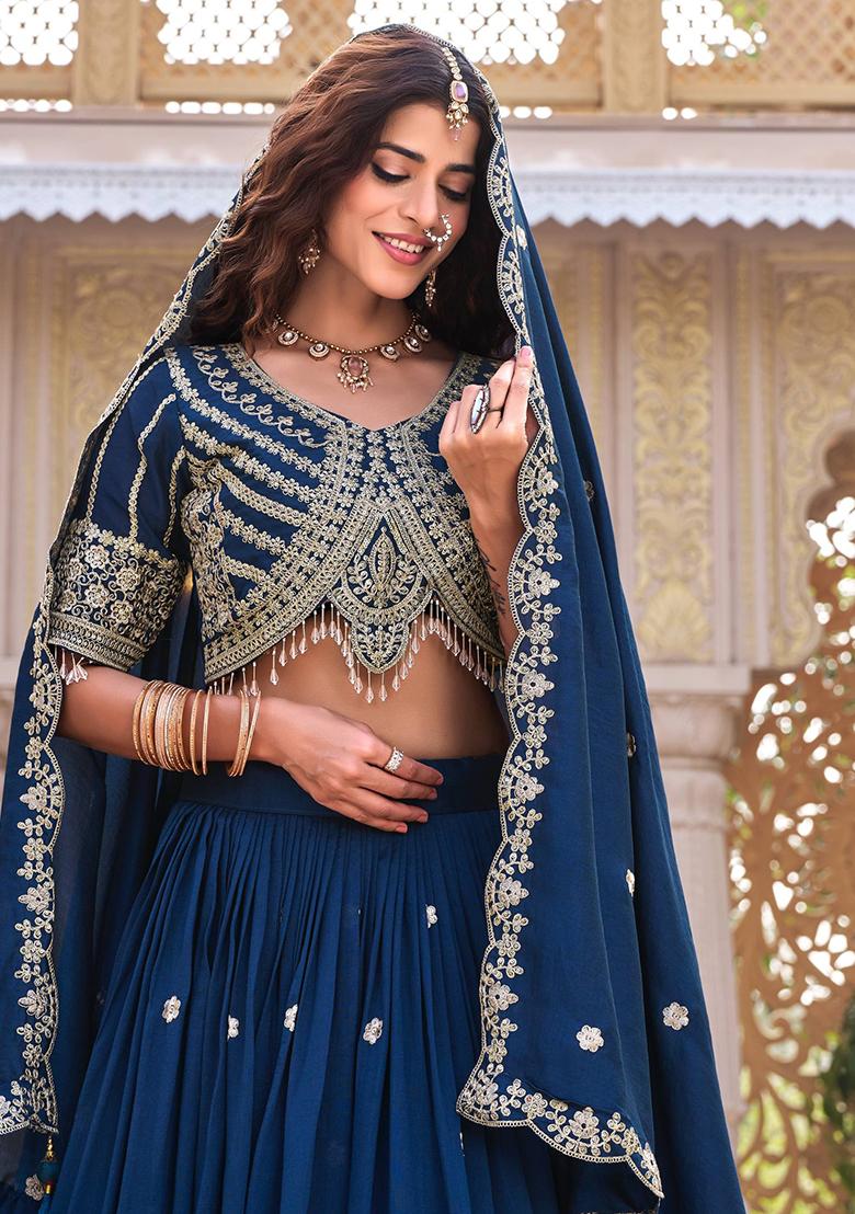 Blue Embroidery Vichitra Lehenga Set - Indya