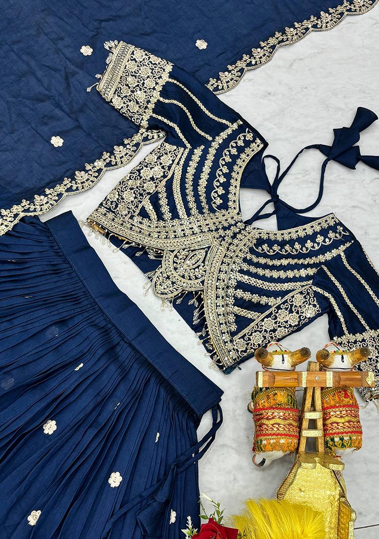 Blue Embroidery Vichitra Lehenga Set - Indya
